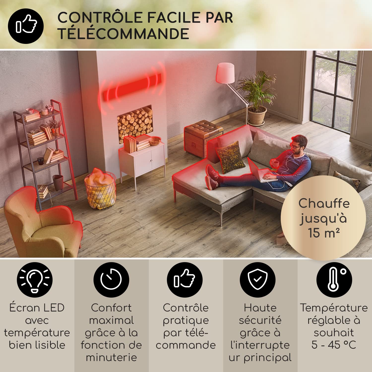 Klarstein Chauffage Electrique à Infrarouge, Chauffage de Jardin 2400W, Télécommande, Minuterie, Affichage LED, Chauffage Exterieur Terrasse pour Veranda, Chauffage d'Appoint Econome, Sans CO2