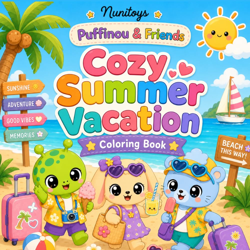 Puffinou & Friends: Cozy Summer Vacation Coloring Book: Cute Kawaii Summer Coloring Pages for Kids