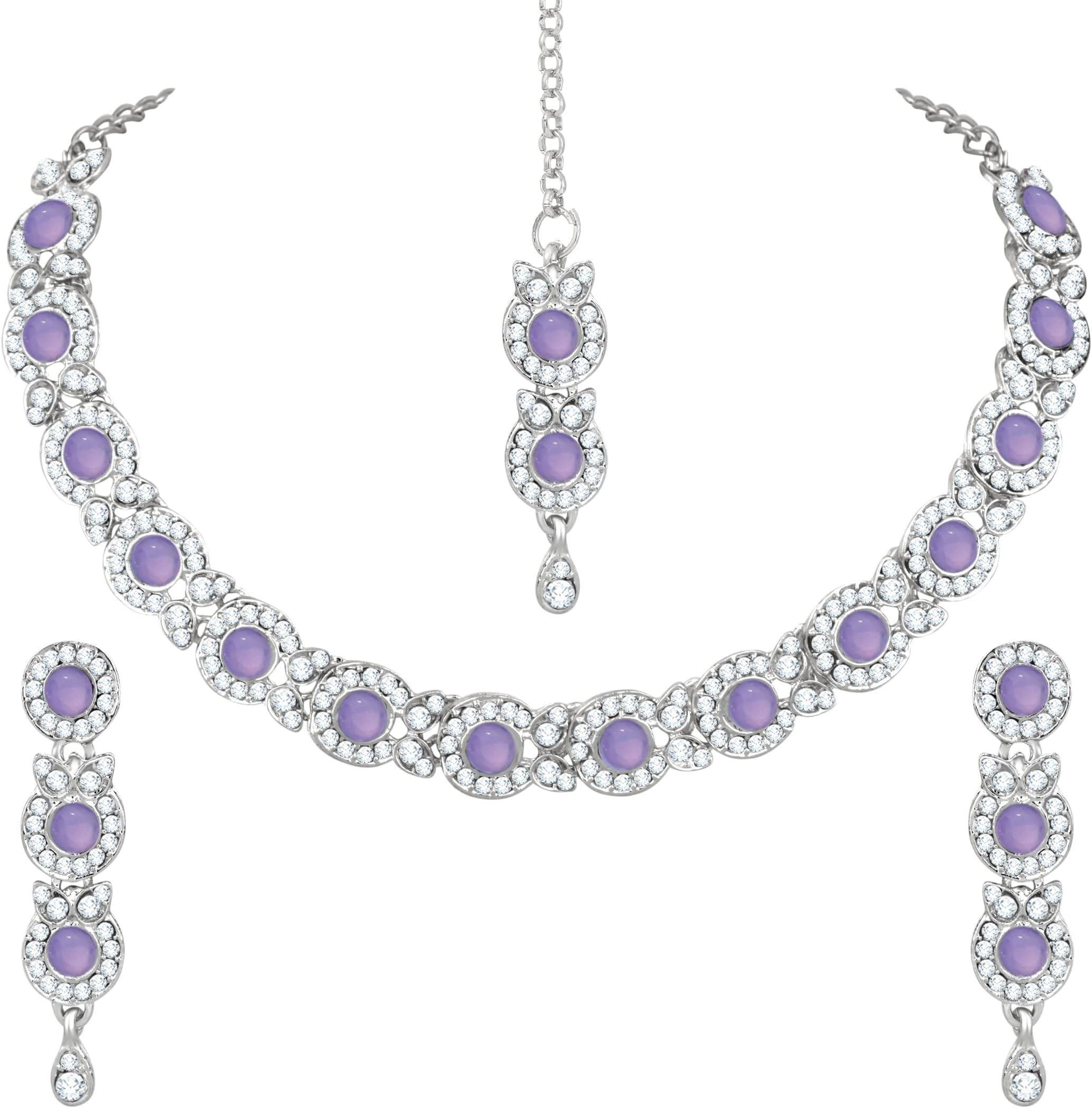 Atasi InternationalPurple and Silver Plated Necklace Jewellery Set with Earrings & Manng Tikka for Women & Girls for Party & Wedding Collection (RPU5705), Free, Rhinestone, Crystal