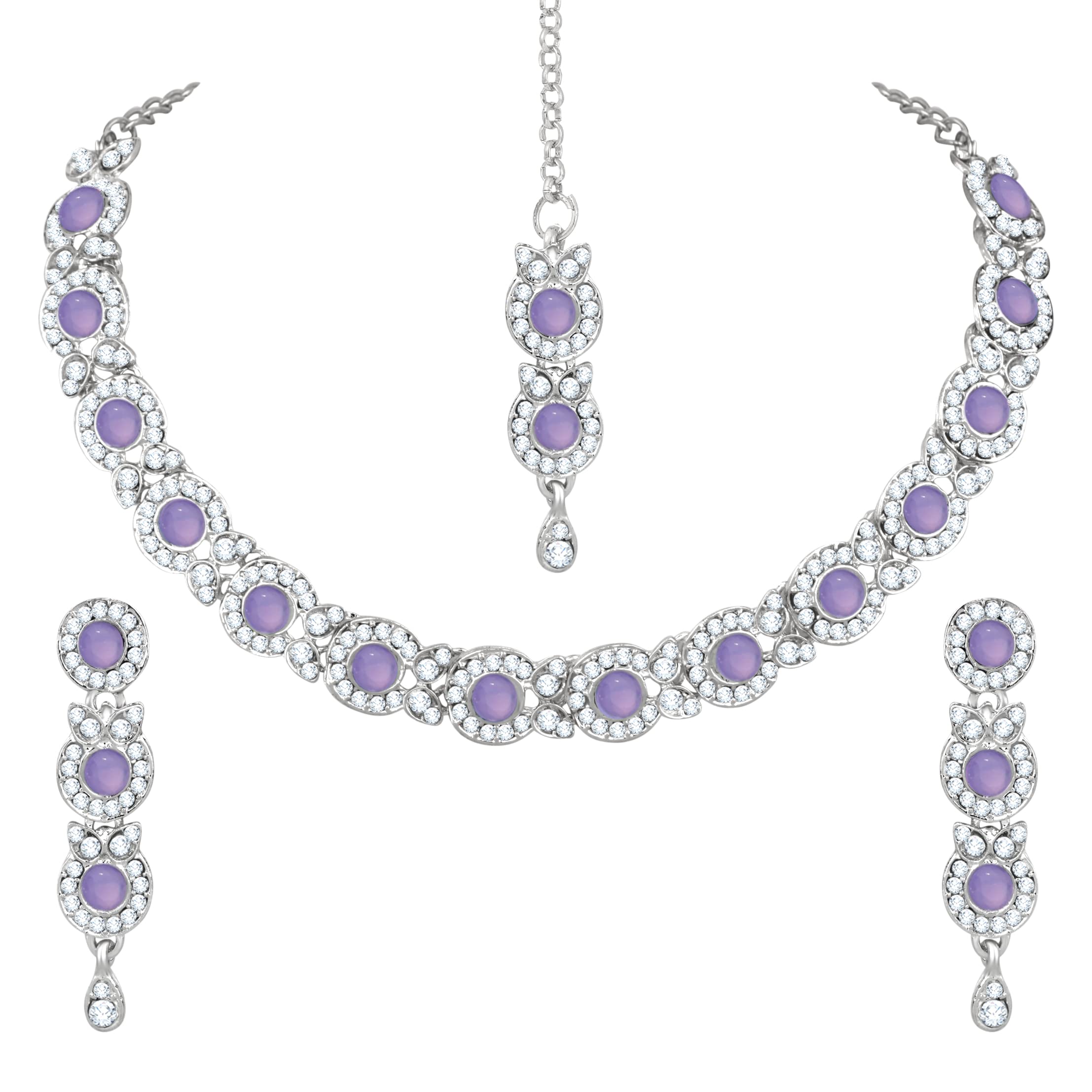 Atasi InternationalPurple and Silver Plated Necklace Jewellery Set with Earrings & Manng Tikka for Women & Girls for Party & Wedding Collection (RPU5705), Free, Rhinestone, Crystal