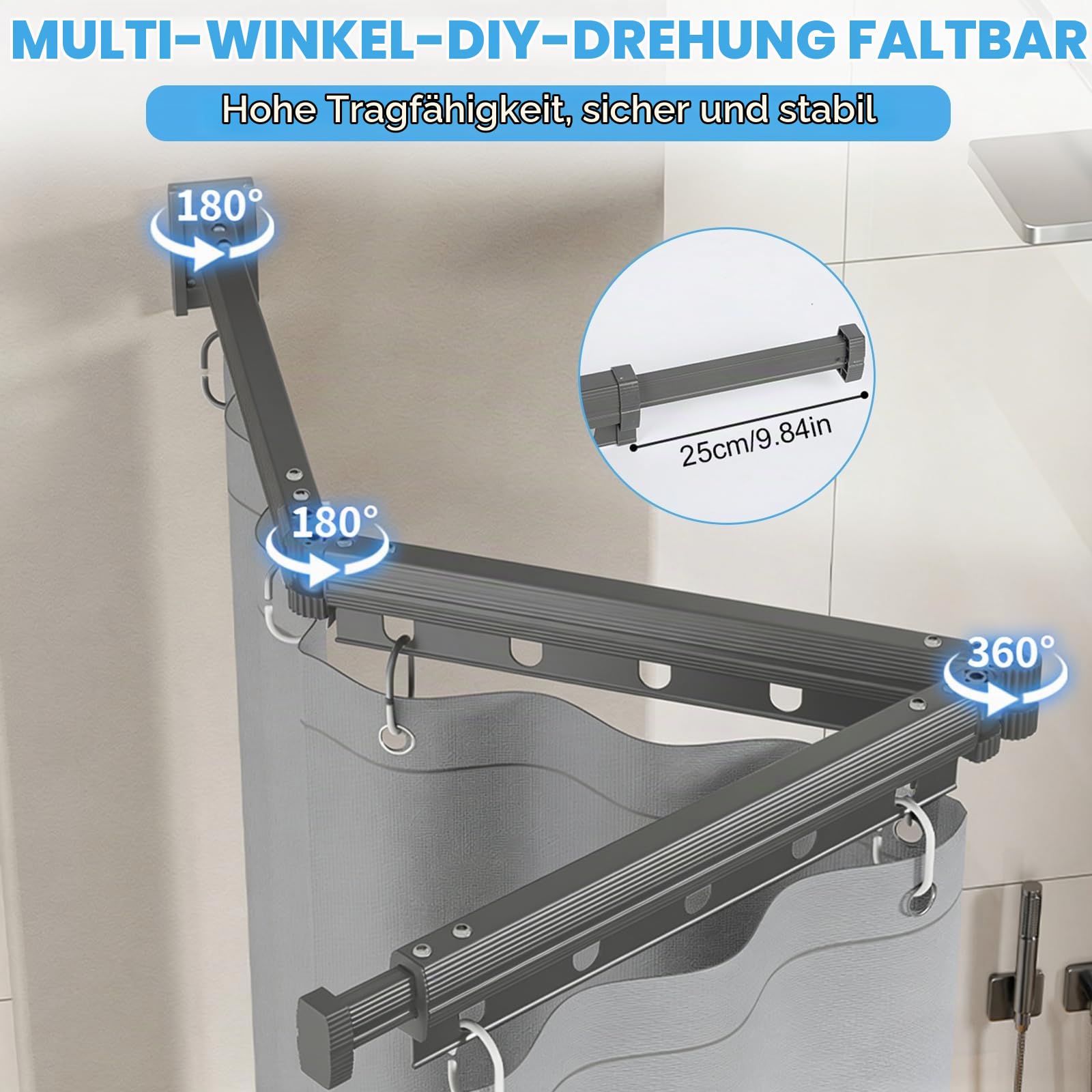 Faltbare Duschvorhangstange Ohne Bohren mit Wasserdichtem Duschvorhang, Drehbare Duschstange L-Form U-Form oder Gerade, Duschvorhang mit Stange für Badezimmer Badewanne (Grau, 5-fach faltbar)