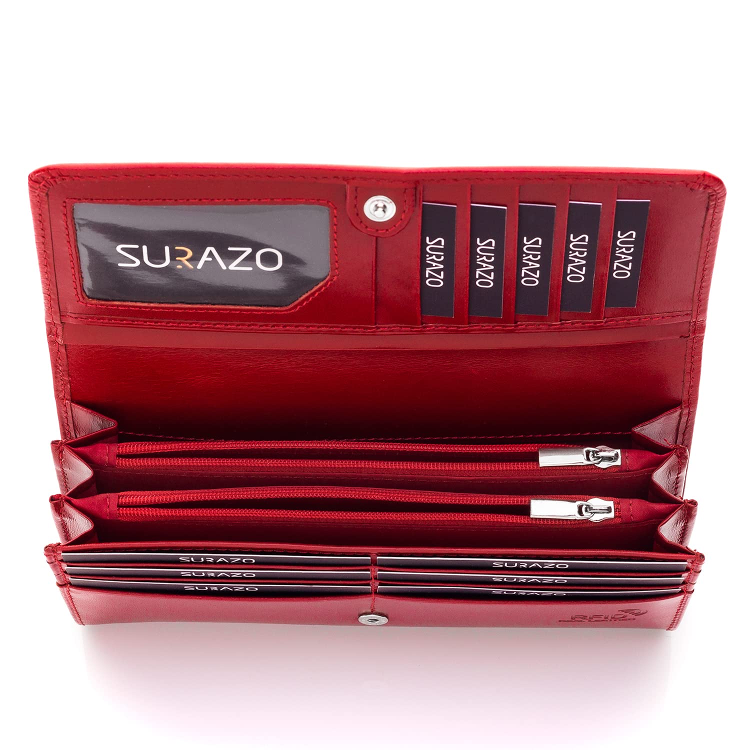 SURAZO® Skórzany portfel damski, duży, wiele przegródek, duży portfel z 12 przegródkami na karty [ochrona RFID], skórzany portfel damski, portfel damski z klapką, czerwony, XL