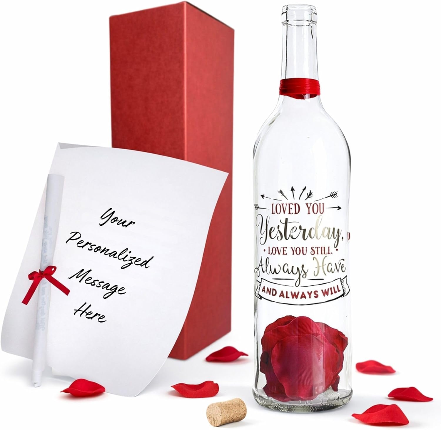MESSAGE IN A BOTTLE (Love/Romance/Anniversary/Valentine's Day, Crystal Clear Glass with Black Lettering and Red Rose Petal Accents