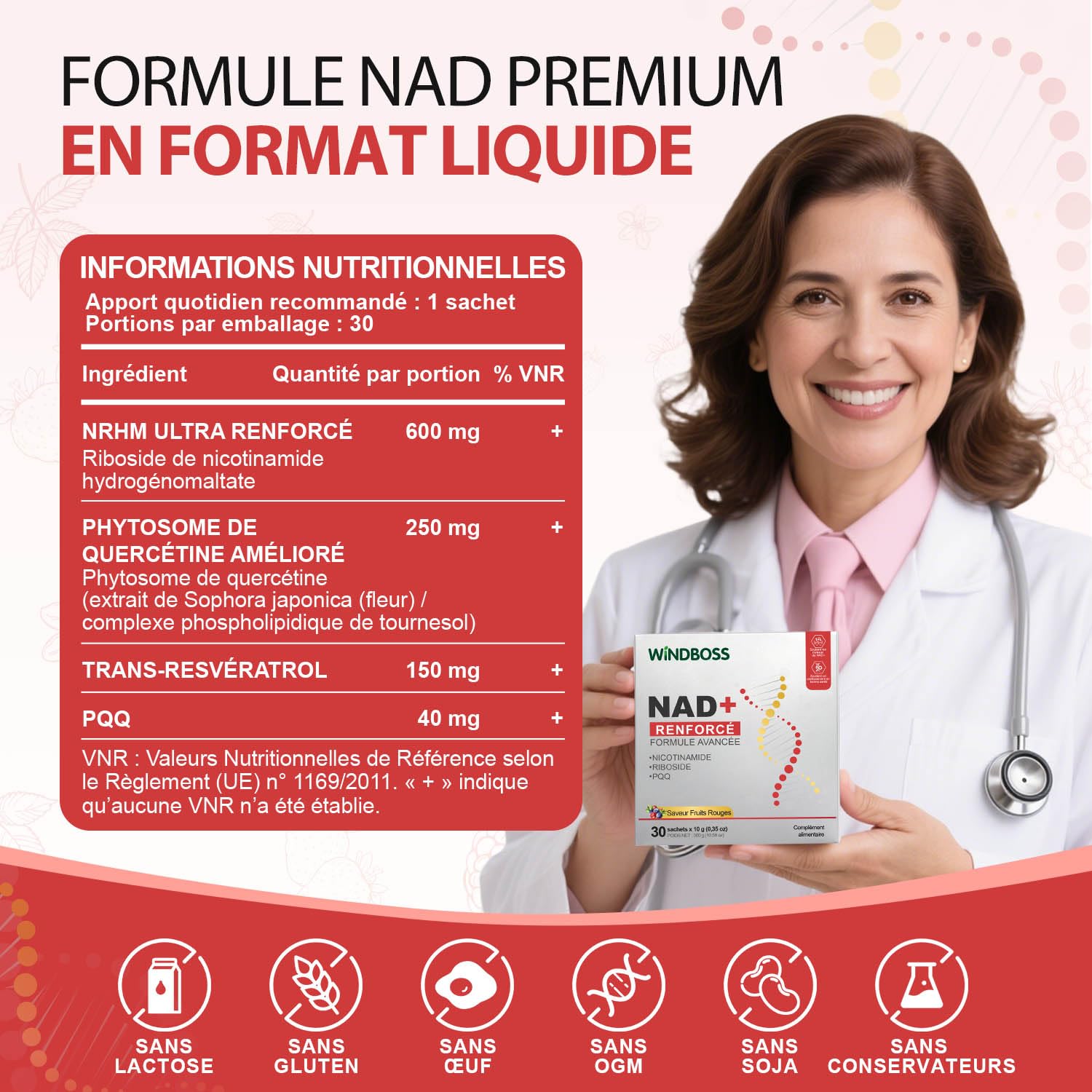 Windboss Liquide à Haute Puissance NAD+ 1000mg, NRHM ULTRA RENFORCÉ & PHYTOSOME DE QUERCÉTINE, TRANS-RESVÉRATROL– Stimule l'Énergie Cellulaire, la Concentration et le Vieillissement Sain