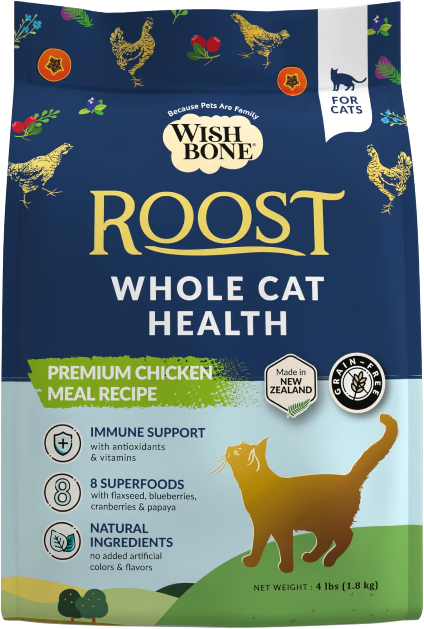 Roost New Zealand Chicken, Gluten Free, Grain Free Dry Cat Food - Premium Chicken Recipe Cat Food for Overall Pet Health - 4 lb