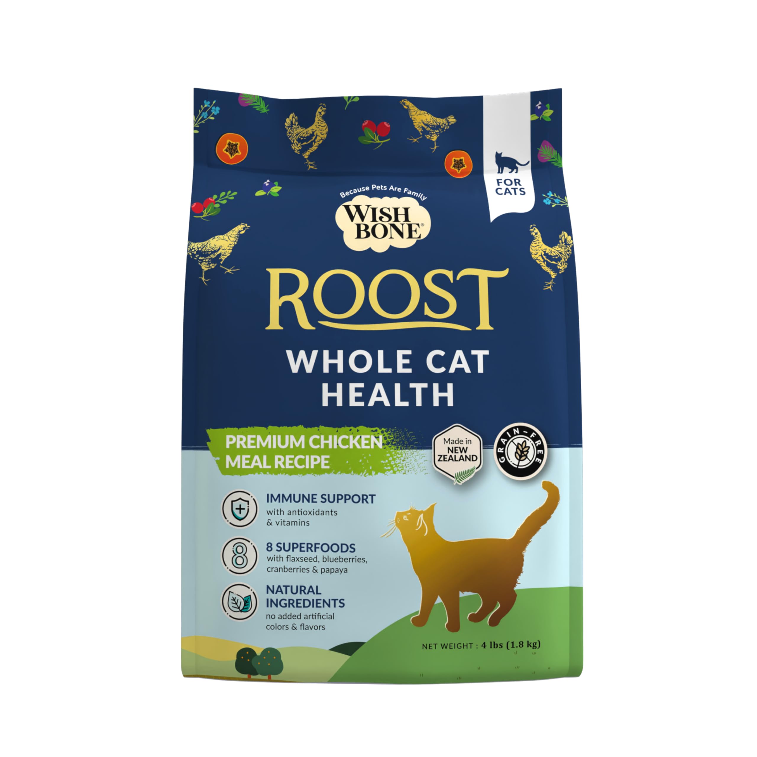 Roost New Zealand Chicken, Gluten Free, Grain Free Dry Cat Food - Premium Chicken Recipe Cat Food for Overall Pet Health - 4 lb
