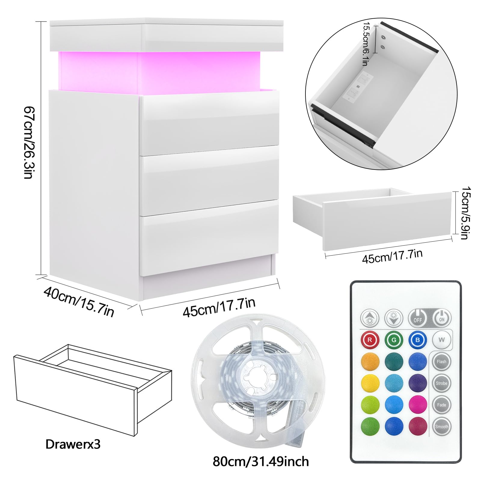 Mesitas de Noche led, Inteligente, Tapa Push-Pull, 3 Cajones Brillo