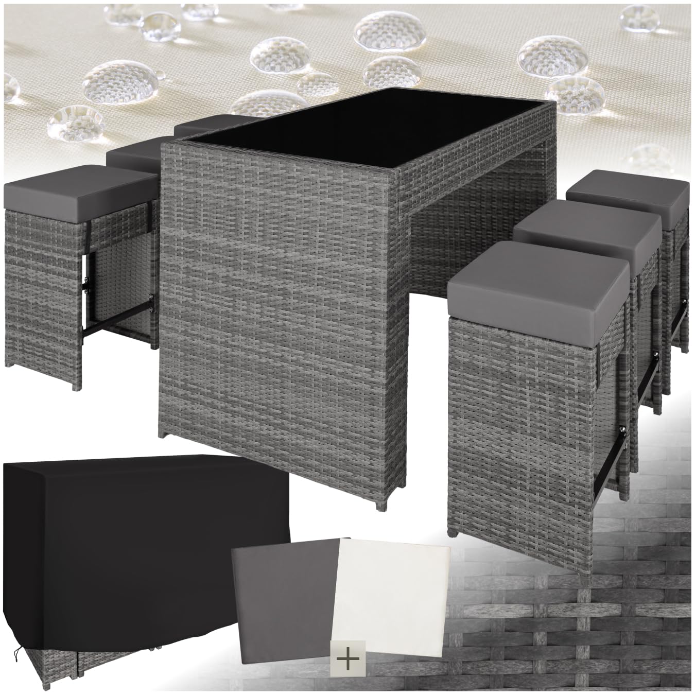tectake® Set Tavolo e Sgabelli da Bar in Polyrattan Ibiza, Set da Bar 7 Pezzi, 1 Tavolo con Lastra in Vetro, 6 Sgabelli, Comodi Cuscini, Involucro Protettivo Incluso - Grigio