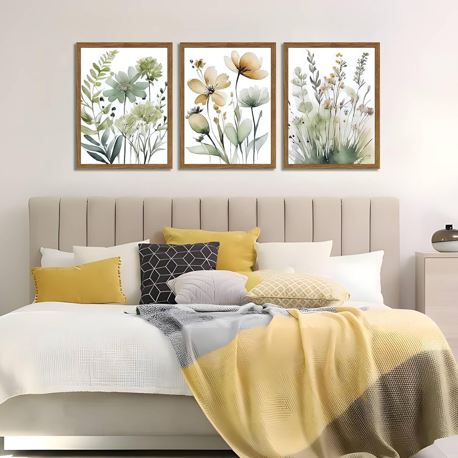 lianyibo Botaniczna sztuka ścienna w kolorze szałwii, obrazy na płótnie w stylu boho, minimalistyczne plakaty kwiatowe do dekoracji salonu (20 x 30 cm x 3/ramka wewnętrzna)