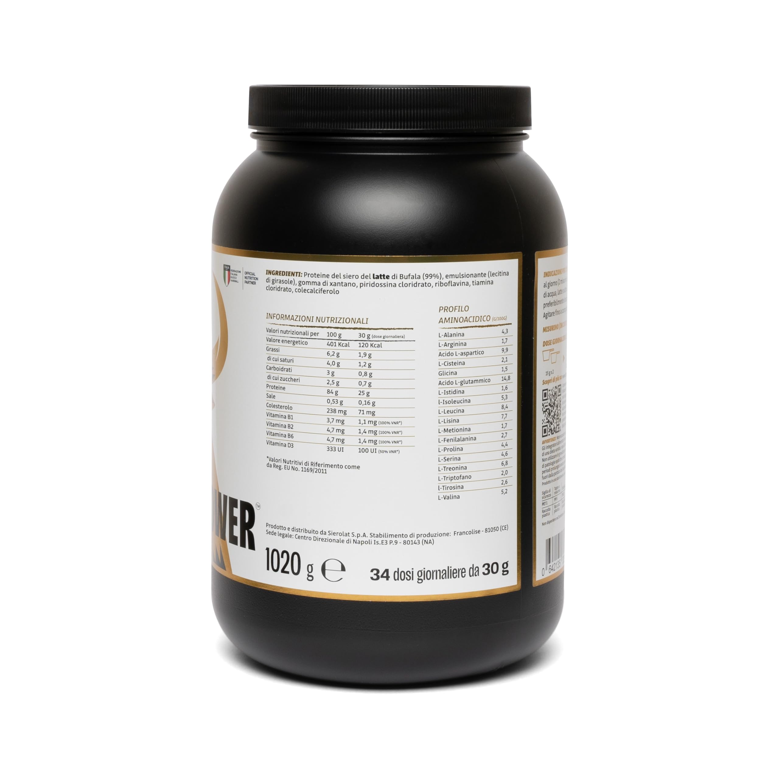 Buffalo Whey +80 Proteine in Polvere Concentrate Gusto Puro senza Edulcoranti 100% Italiane da Latte di Bufala, 24g di Proteine 5.5g BCAA Vitamine Gruppo B e D per supporto muscolare (34 dosi x 1020g)