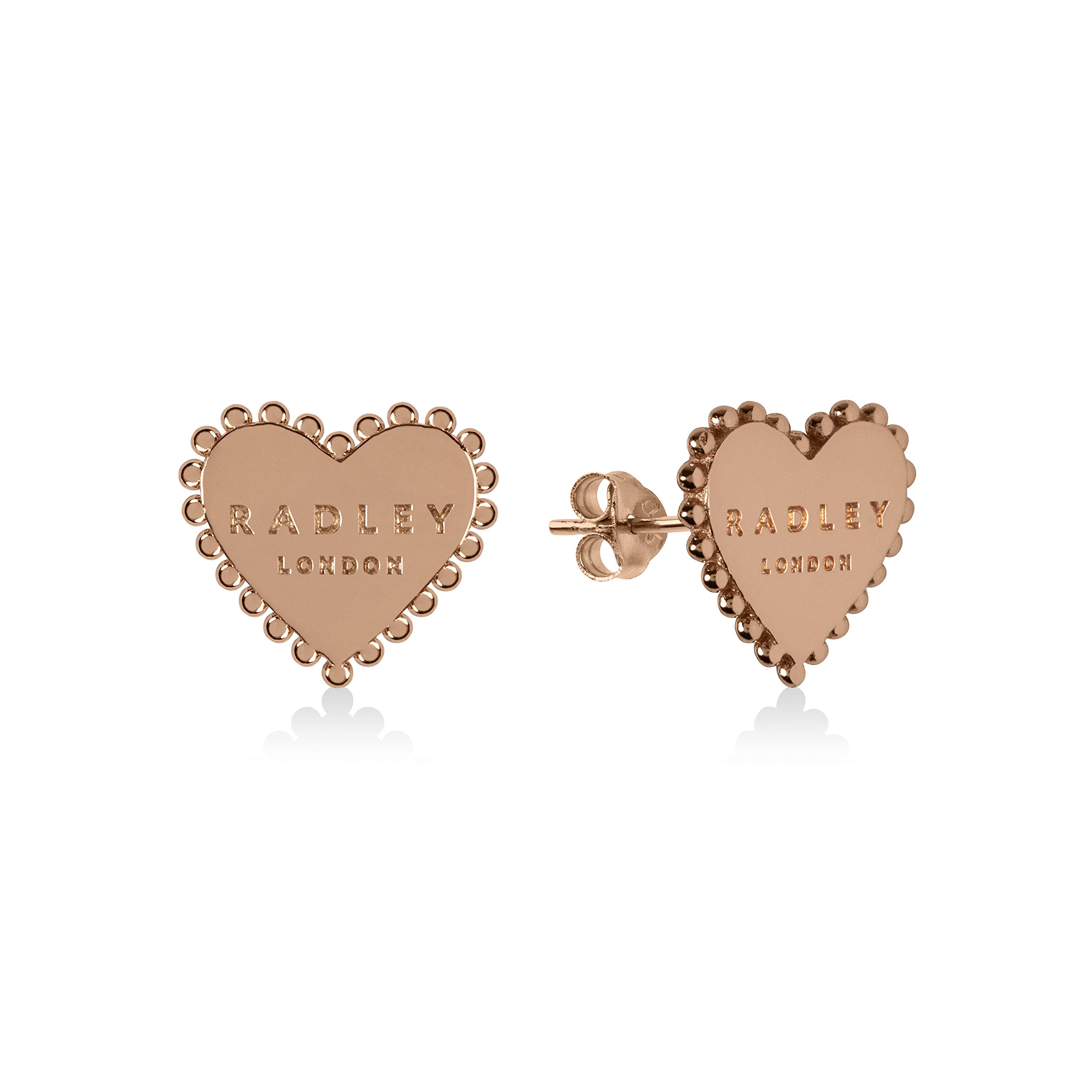 RADLEY Ladies 18ct Rose Gold Plated Sterling Silver Stud Edge Heart Shape Earrings RYJ1126, One Size, Sterling Silver, Quartz
