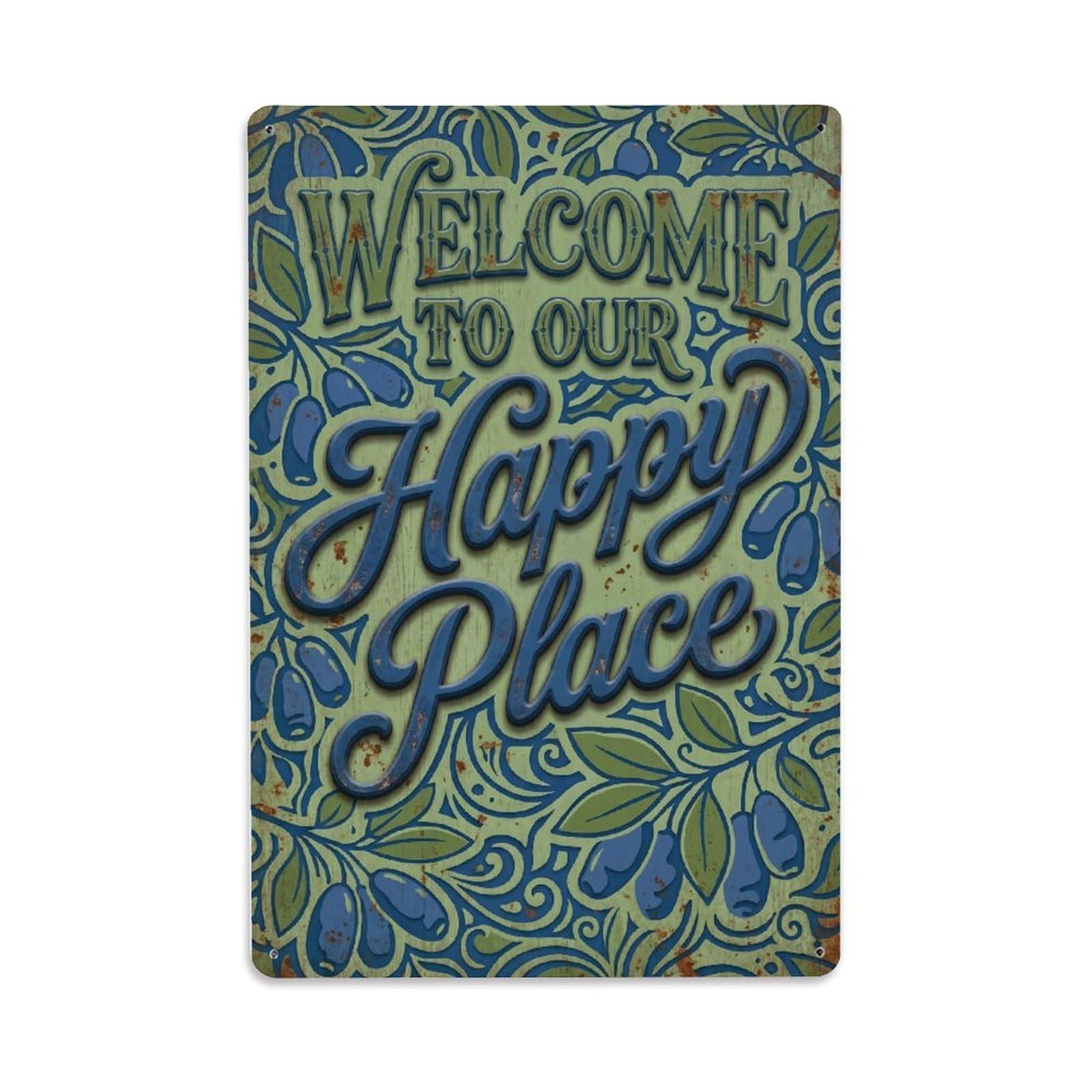 Fqnyr Style Welcome To Our Happy Place Honeyberry Orchard Metal Tin Sign Plaque Wall Decor For Cafe, Club Bar, Office, Home Garden Metal Poster 8X12inch