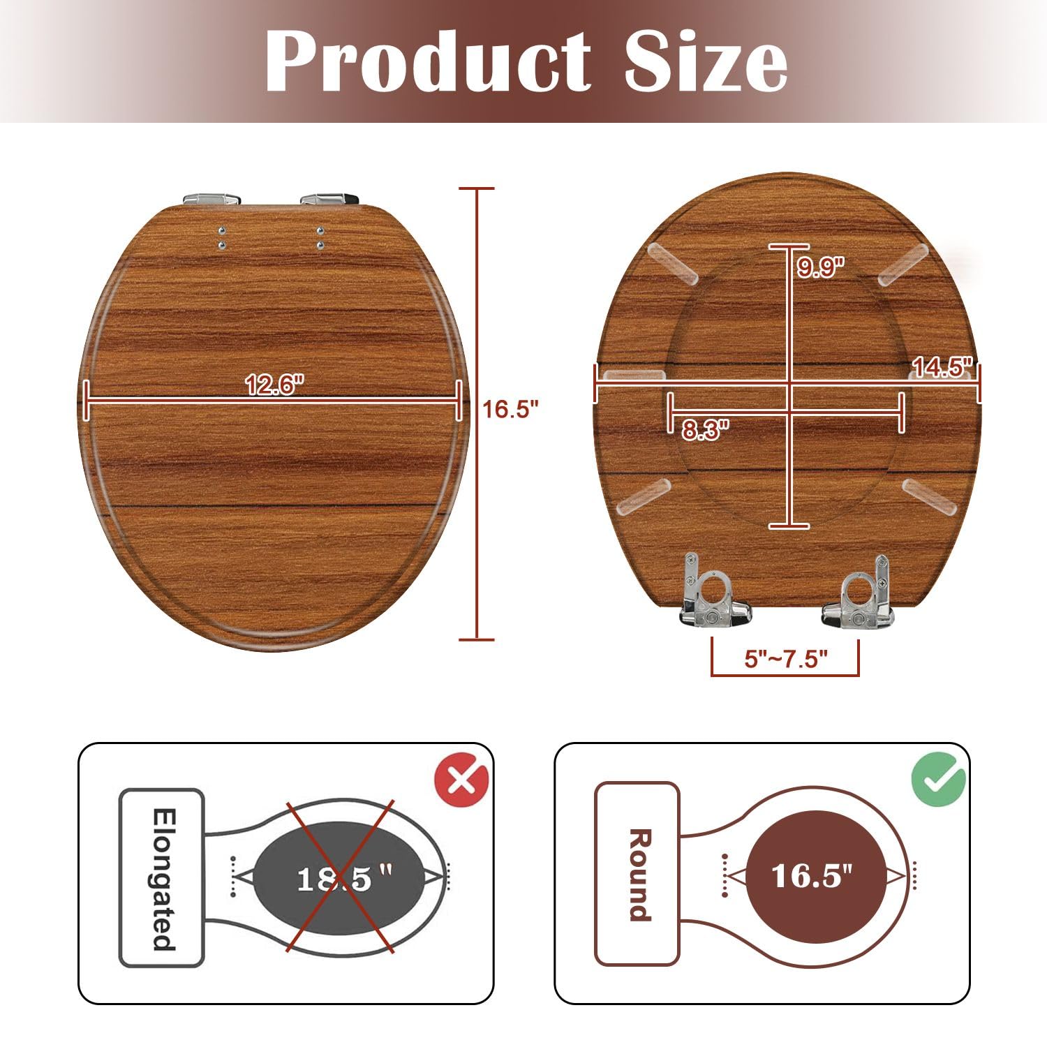 Asiento de inodoro redondo de resina de madera de teca con tapa de cierre suave y silencioso, bisagras de liberación rápida, protectores de cubierta y fácil limpieza.