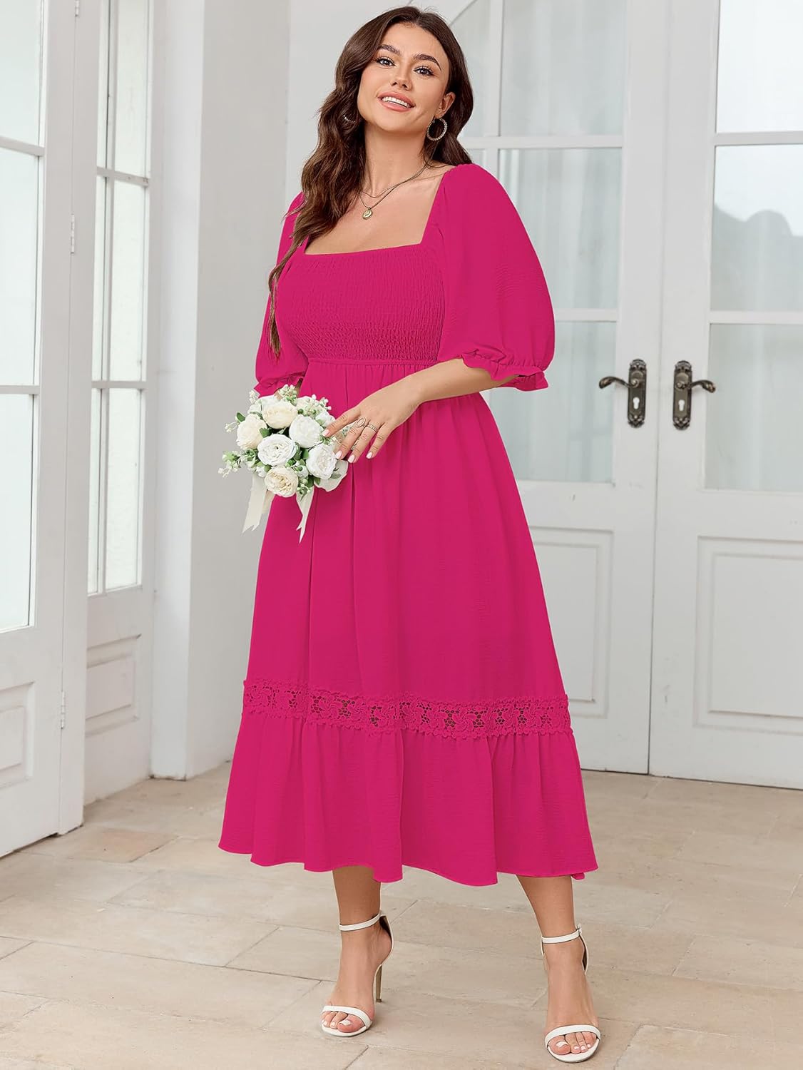 SCOMCHIC Women's Plus Size Maxi Dress Short Sleeve Square Neck Smocked Flowy A-Line Lace Trim Boho Wedding Guest Dresses - Image 3