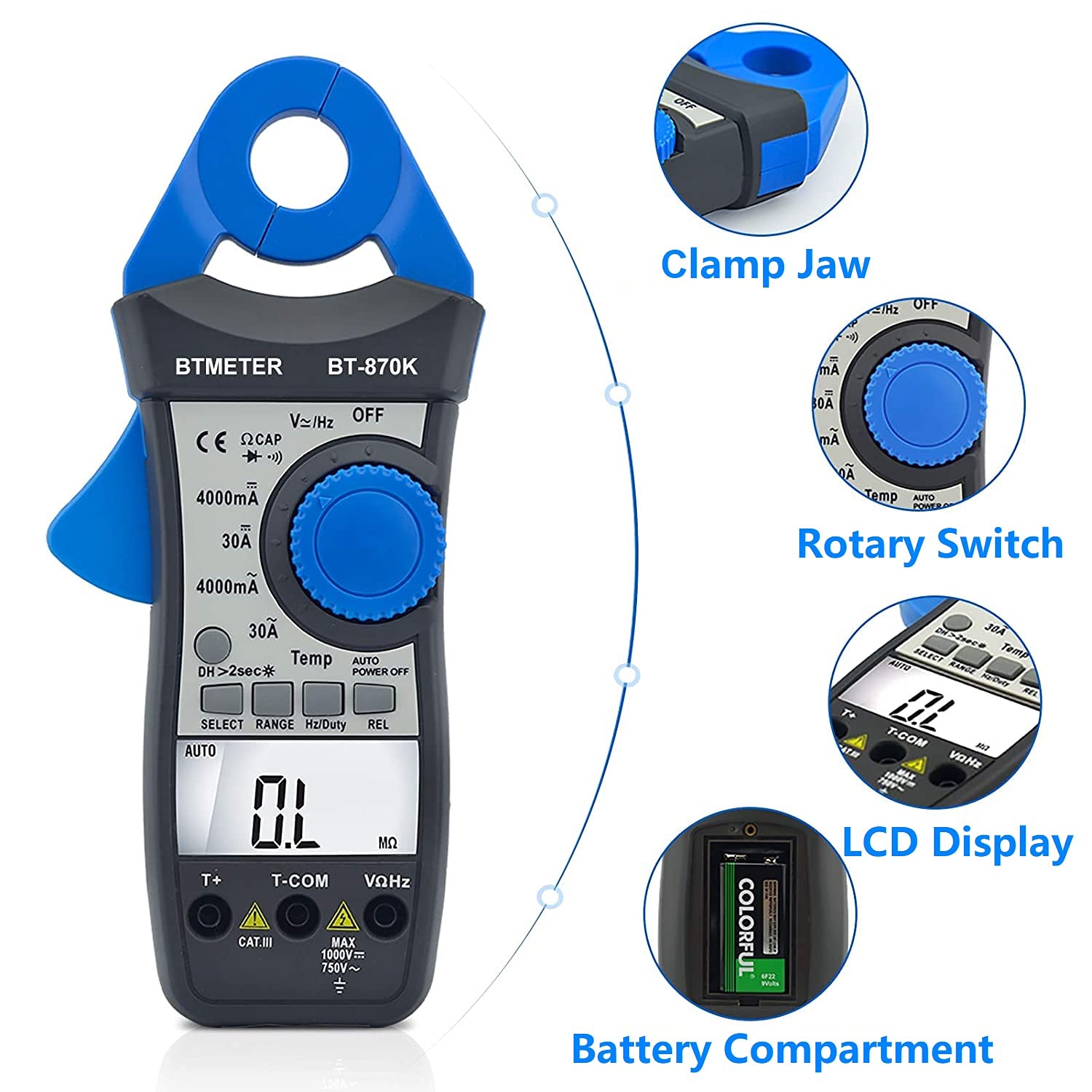 BTMETER Clamp Multimeter BT-870K, DC AC Digital Voltage Current Meter, Auto Electric DMM Tester Avometer for Volt Amp Ohm Hz Temp Diode Continuity