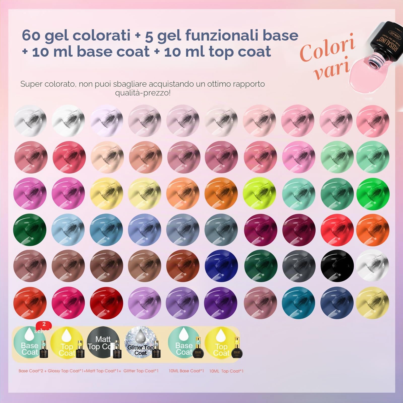 ROSALIND Kit Semipermanente Unghie con 48W UV LED Lampada 60+5 Pezzi | Kit Unghie Gel Completo Rosa Giallo Blu Verde Viola Colori Mini, Kit Smalto Semipermanente Completo Smalto Unghie Regalo