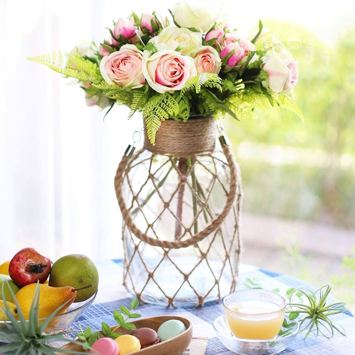 Hanging Jars Glass Jar Vase Rope Rustic Rope Net Flower Vase Decorative Dry Flower Glass with Handle Hydroponics Green Plant Container Clear 2 Decorative Bottles