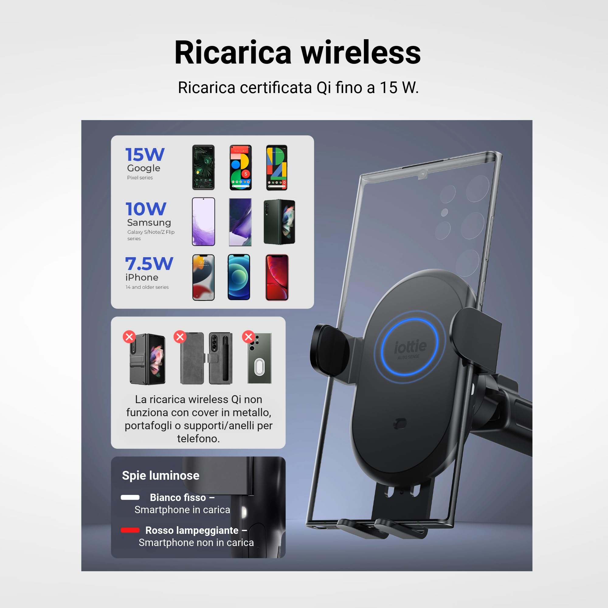 iOttie Auto Sense 2 - Supporto per telefono da auto con ricarica wireless Qi, fissaggio automatico, per Google Pixel, iPhone, Galaxy, Huawei, LG, e altri smartphone, adattatore di alimentazione non