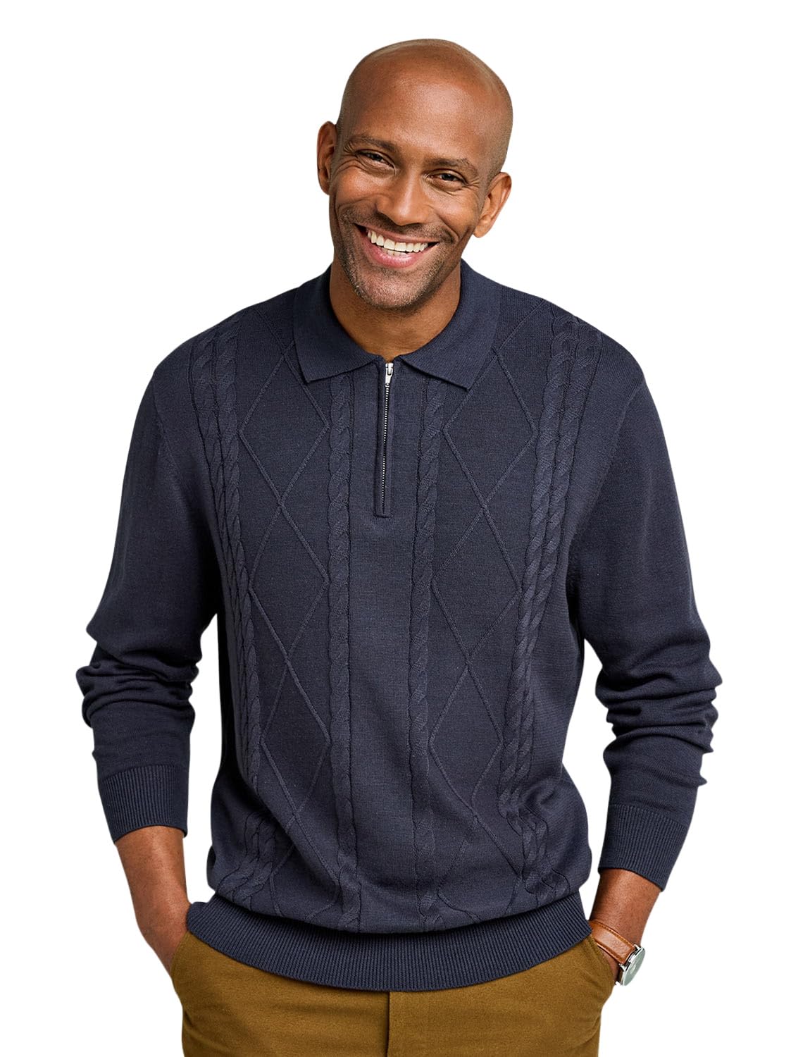 Pegasus Men's Navy Zip Neck Cable Knitted Polo With Ribbed Collar, Cuffs & Hem Xl