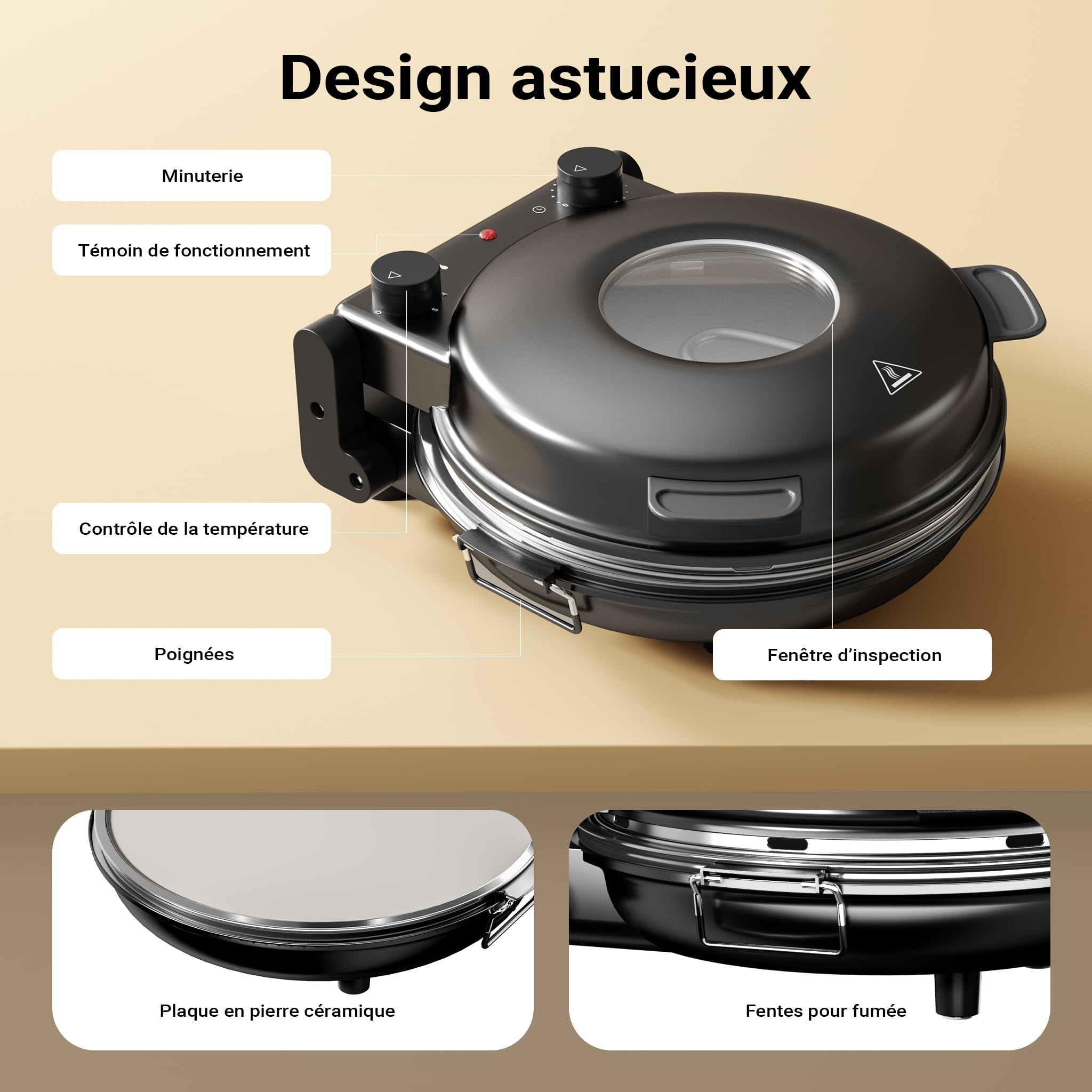 Wiltec Mini four à pizza avec plaque en pierre céramique – 360 x 360 x 180 mm – 400 °C max. – avec Plaque en pierre céramique Ø 32 mm, Fenêtre de visualisation, 2 Éléments chauffants et Minuterie