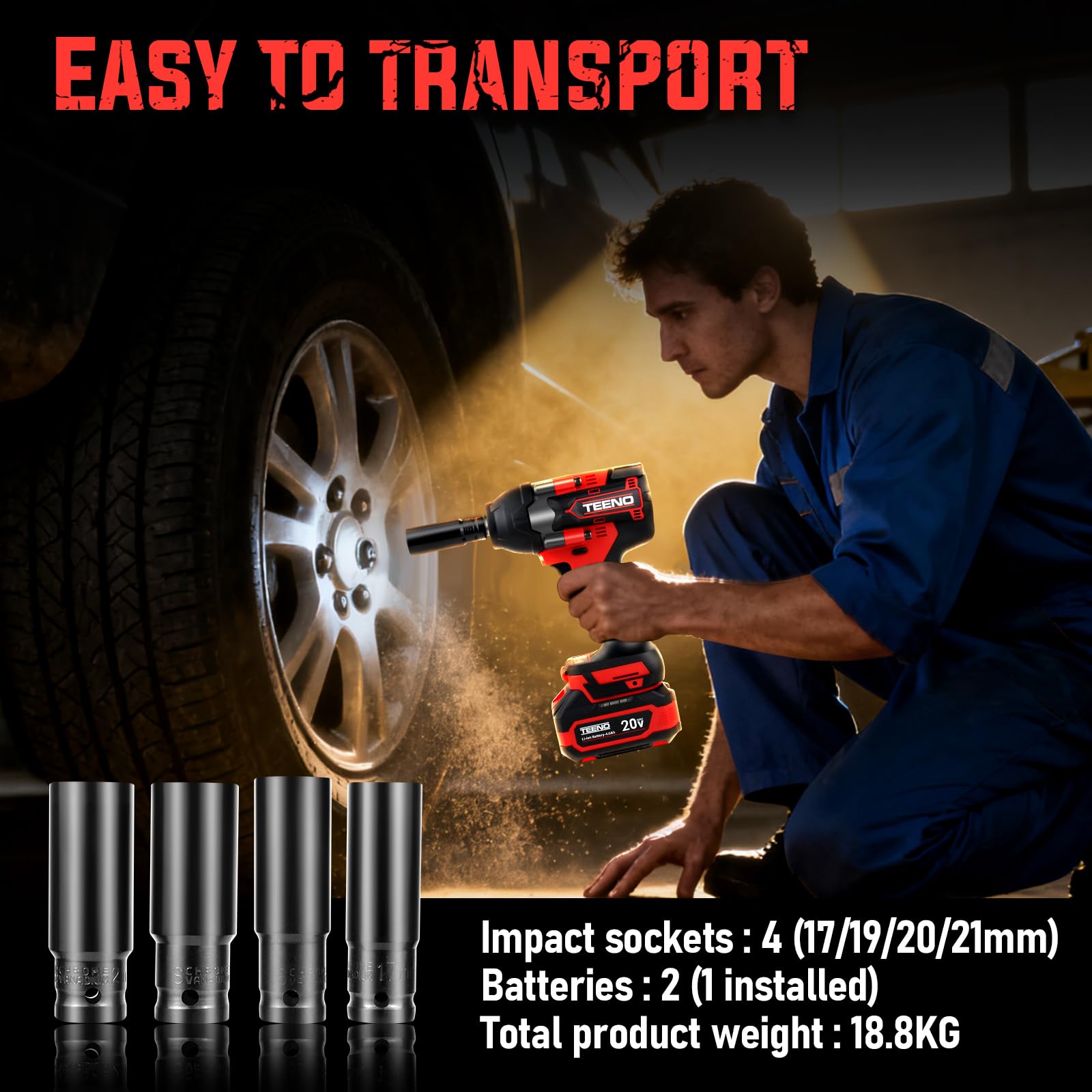 TEENO 20V Llave de Impacto Brushless 1/2" Resistente - 700N.m, 2×4.0Ah Baterías + 4 Boquillas, para Auto/Camión & Bricolaje