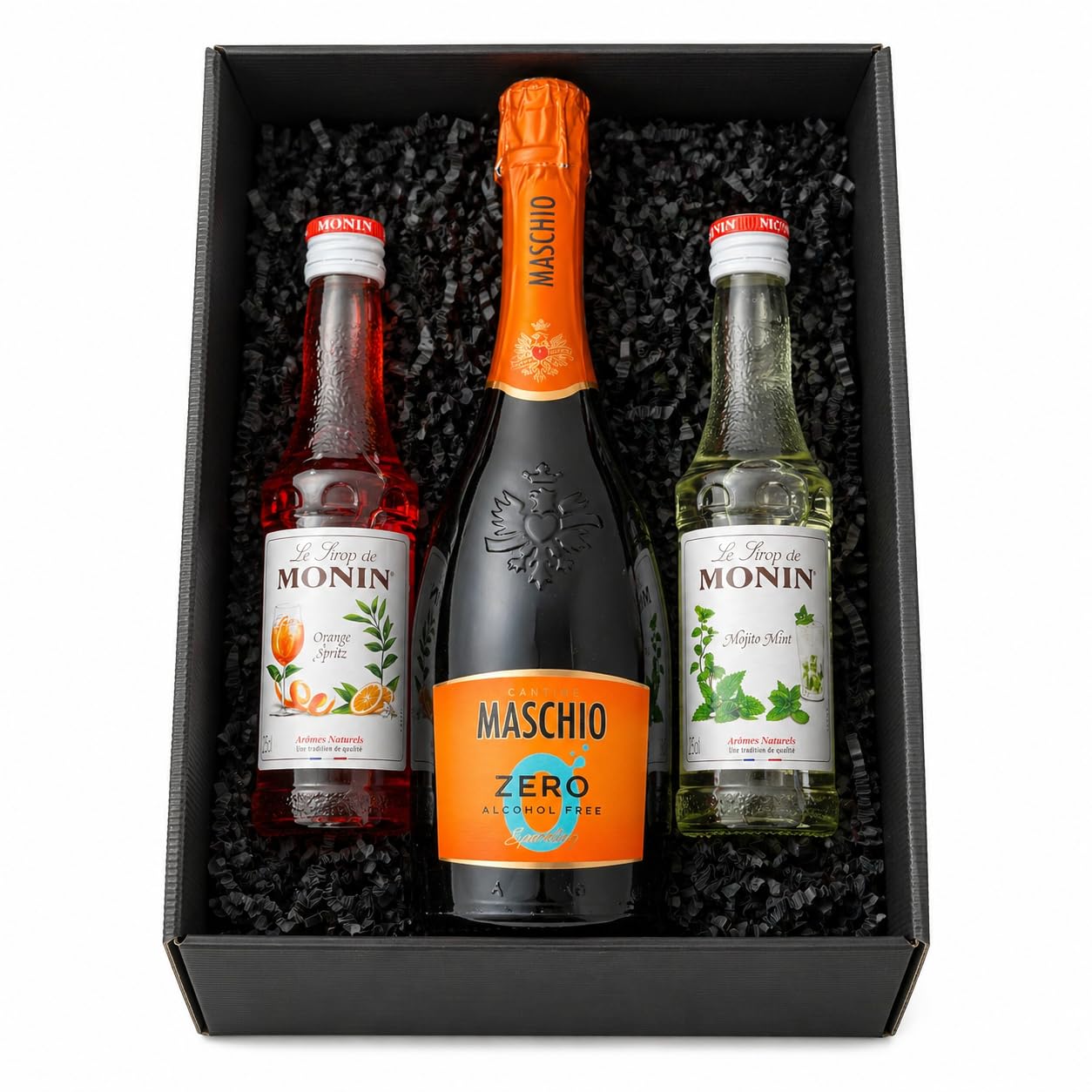 The Wine Guys „Summer Spritz Moments“ alkoholfreies Aperitif Geschenkset – Monin Orange Spritz & Mojito Minz (2x 0,25 l) + Maschio ZERO Sparkling 0,75 l – Mocktail Box für Drinks ohne Alkohol