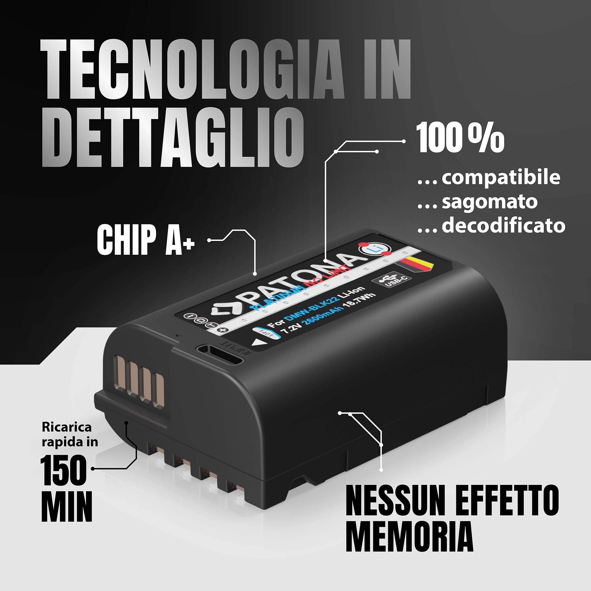 PATONA Platinum DMW-BLK22 Batteria 2600mAh con USB-C – ricambio per Panasonic DMW-BLK22 – per Lumix S5 II/IIX S5 S9, G9 II, GH5 II GH5S, GH6, GH7 – si ricarica via cavo, ideale per video 4K/6K