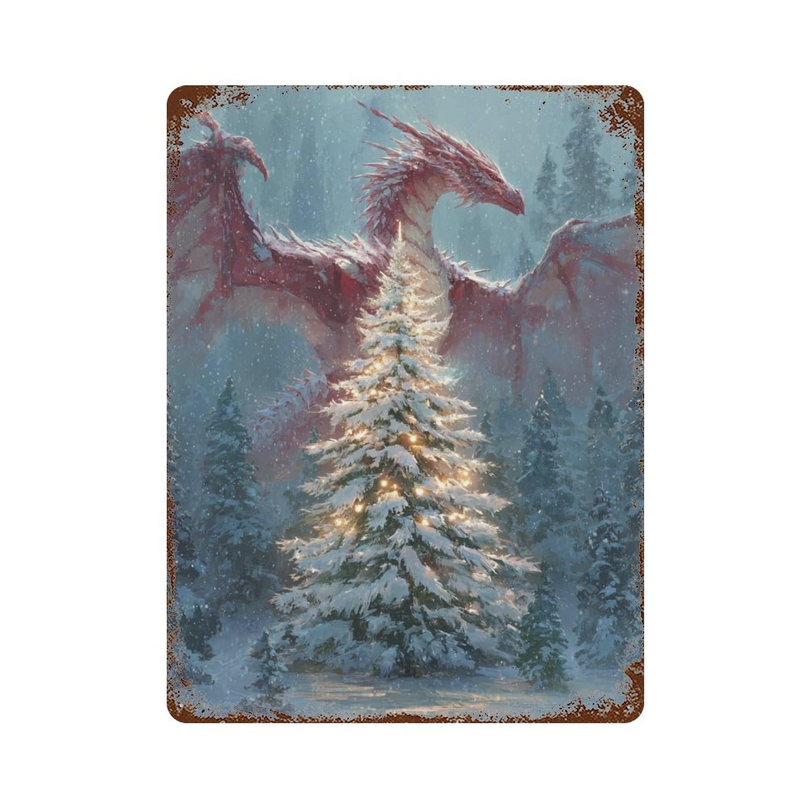 Rustic Tin Plaque with Magical Winter Dragons Design 15.7"x11.8", for Cafe, Home Bar And Lounge Decor, Novelty Wall Decor