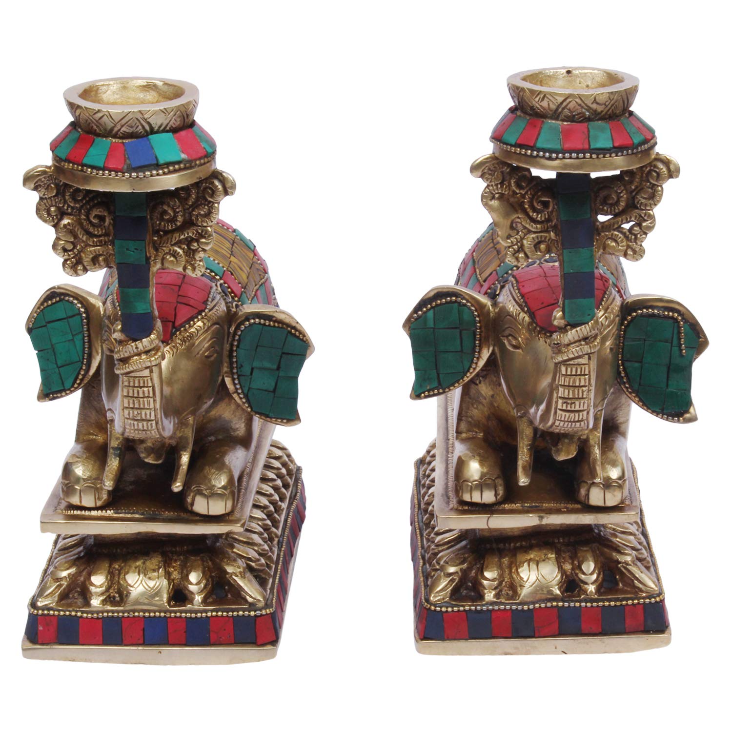 Kartique Brass Candle Holder on Elephant Trunk Pair Set Fengsui Vastu Hathi for Good Luck Success Prosperity Home Decor Marriage House Warming Gift Antique Multicolor Stone Work Height 8 Inch