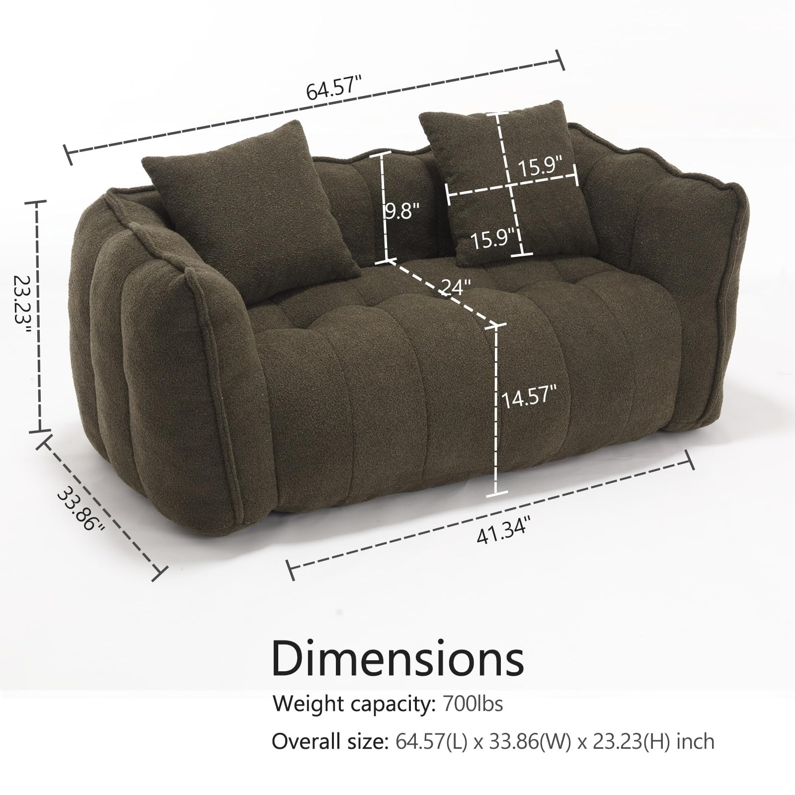 Giant Bean Bag Chairs Loveseat for Adults, Oversized Bean Bag Couch, Memory Foam Filled Floor Lounge Chair, Lazy Floor Sofa Chair with Armrests for Living Room, Bedroom, Apartment (1, Olive Green)