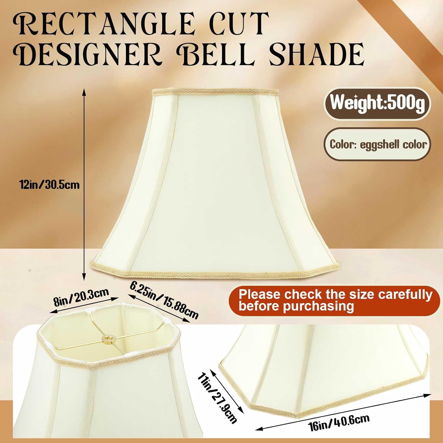 set of 1 bell lamp shade 6.25" x 8" top 11" x 16" bottom 12" high (spider) rectangle cut square replacement vintage silk lampshade for table floor living room bedroom (eggshell) 6.25" x 8" top 11" x 16" bottom 12" high eggshell 1