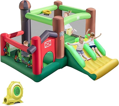 GLACER Rebote inflable, castillo de gorila 6 en 1 con toboganes dobles, área de salto, pelotas oceánicas, borde de baloncesto, trampolín, juego de