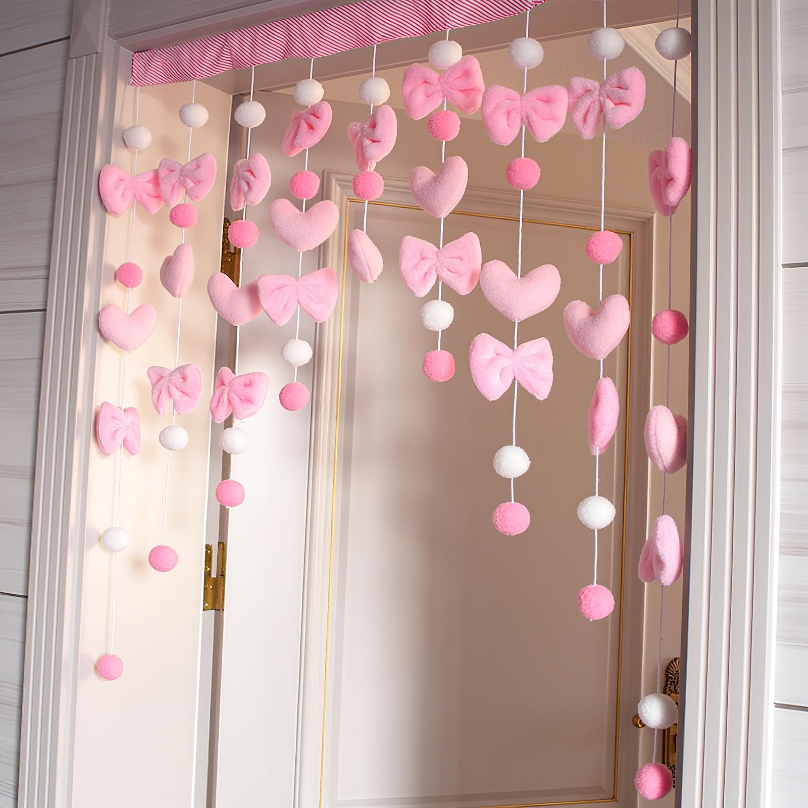 Selbstklebender flauschiger Plüschvorhang, Kawaii, 83,8 x 91,4 cm, niedliche rosa Schleife, herzförmiger Vorhang für Mädchen, Schlafzimmer, Tür, Fenster, Wanddekoration