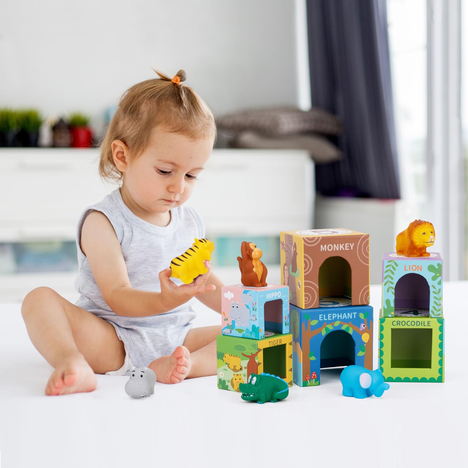 Sorting and Stacking Toys Blocks for Toddlers 1-3, Soft Safari Animal Bath Toys Age 2-4 - Image 3