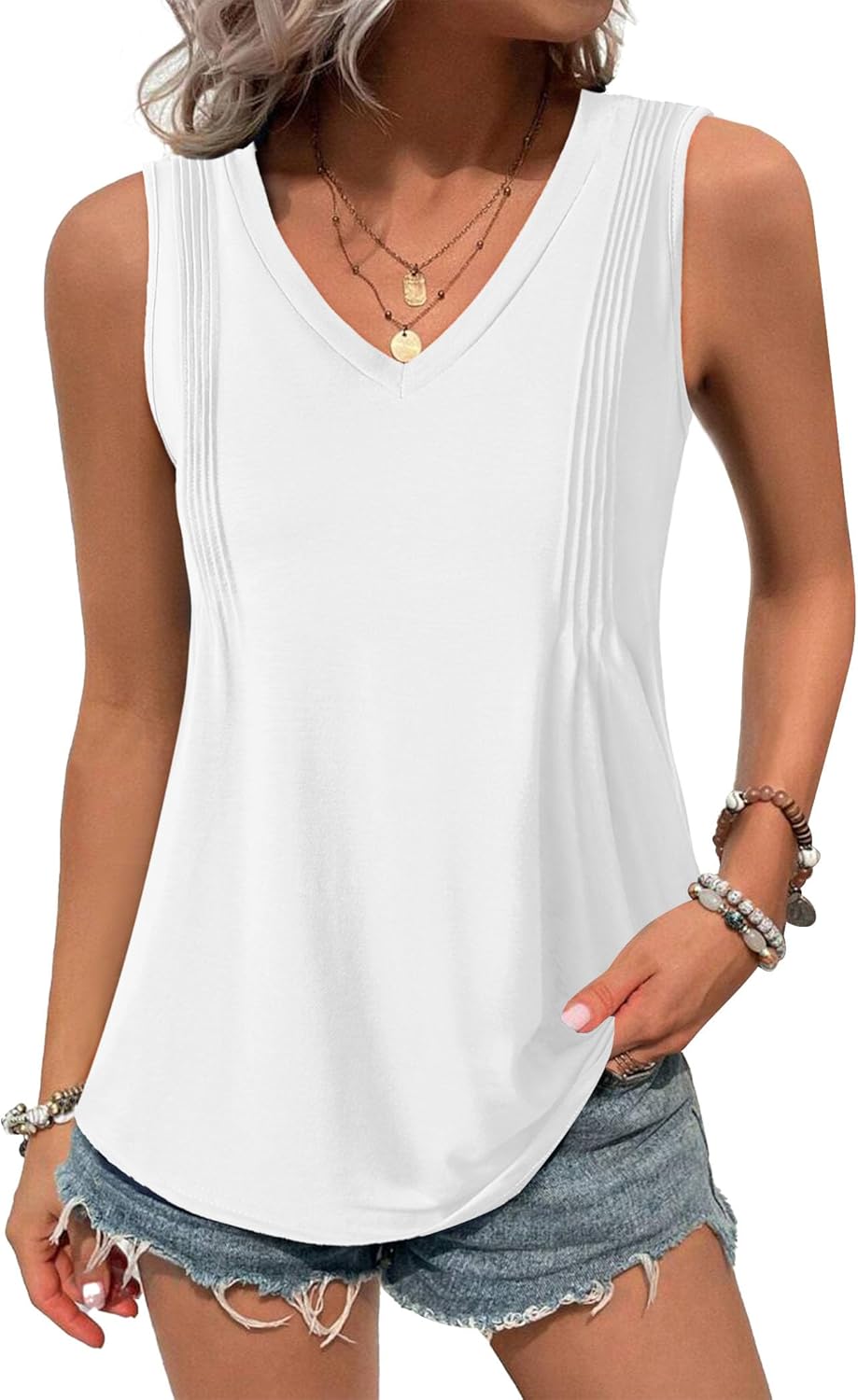Zeagoo Women's Tank Tops Loose Fit Casual V Neck Boho Summer Pleated Sleeveless Shirts Basic Trendy Outfits Clothes