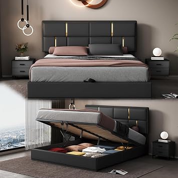 Queen Size Upholstered Lift up Storage Platform Bed,with Hydraulic System Liftable Smart Bed Frame,Velvet Headboard with Metal Decoration Bedroom Furniture,No box Spring Required Black, Queen
