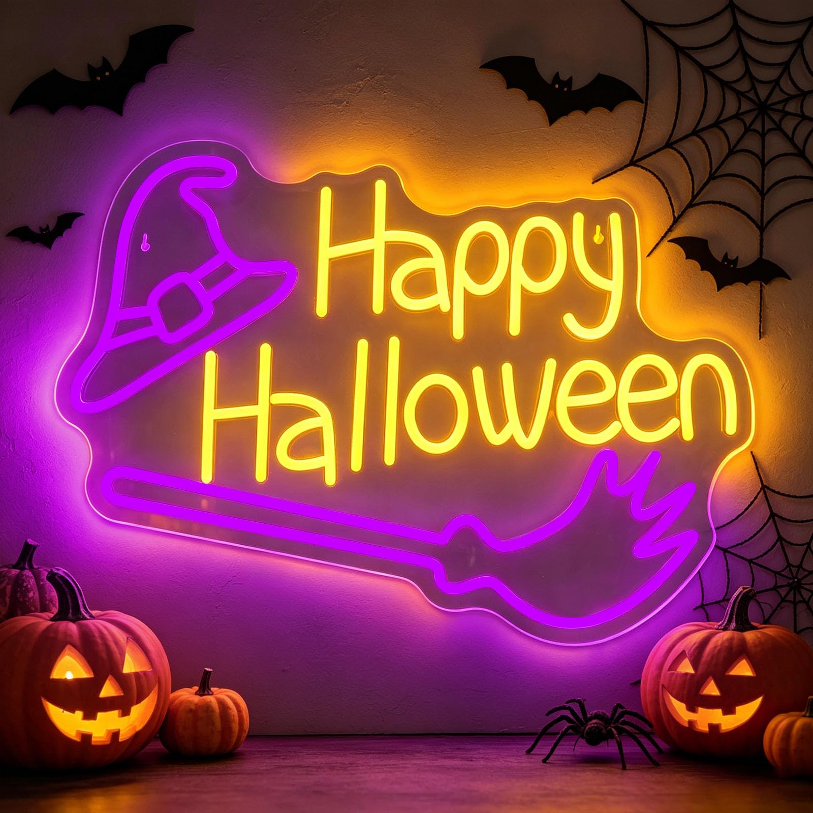 Horror Theme Witch Hat Broom Neon Sign USB Adjustable Brightness LED Light Sign Halloween Themed Purple Yellow Neon Lights for Halloween Witch Party Coffee Shop (D 16.5 in × W 11 in)