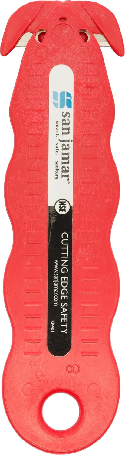 San Jamar Klever Kutter Safety Cutter, 3 Razor Blades, 1" Blade, 4" Plastic Handle, Red