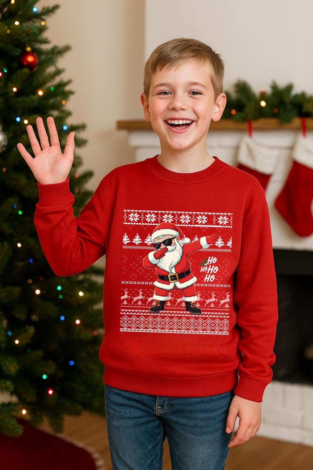 Glimnerize Christmas Kids Tops Sweatshirt Santa Claus Crew Neck Unisex Christmas Jumper Sweater Red-B2 11-12Y(150) - Image 3