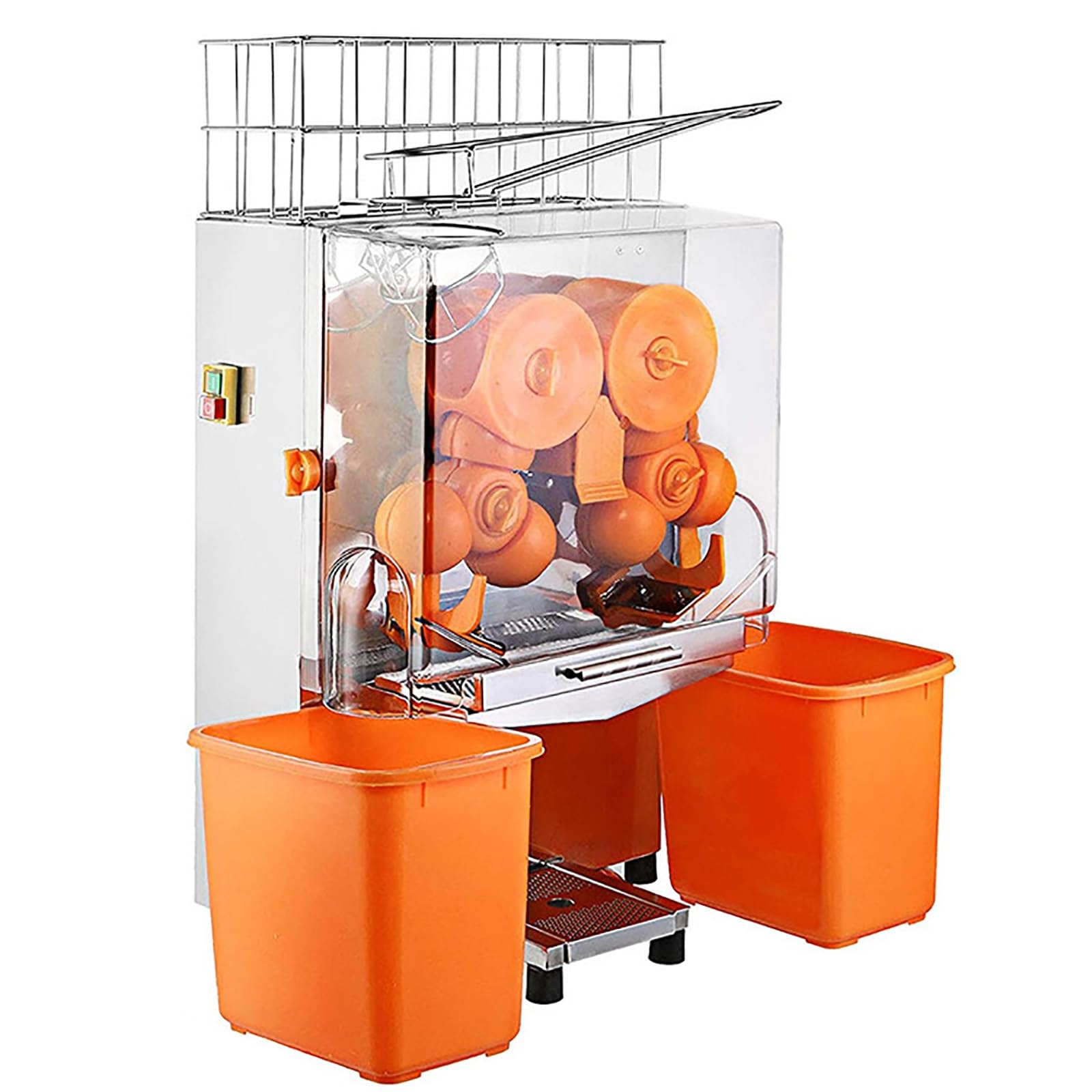Exprimidor de jugo automático de naranja comercial, exprimidor de acero inoxidable de 120 W con cubos de recogida de cáscara y filtro extraíble, extrae 22-30 naranjas por minuto