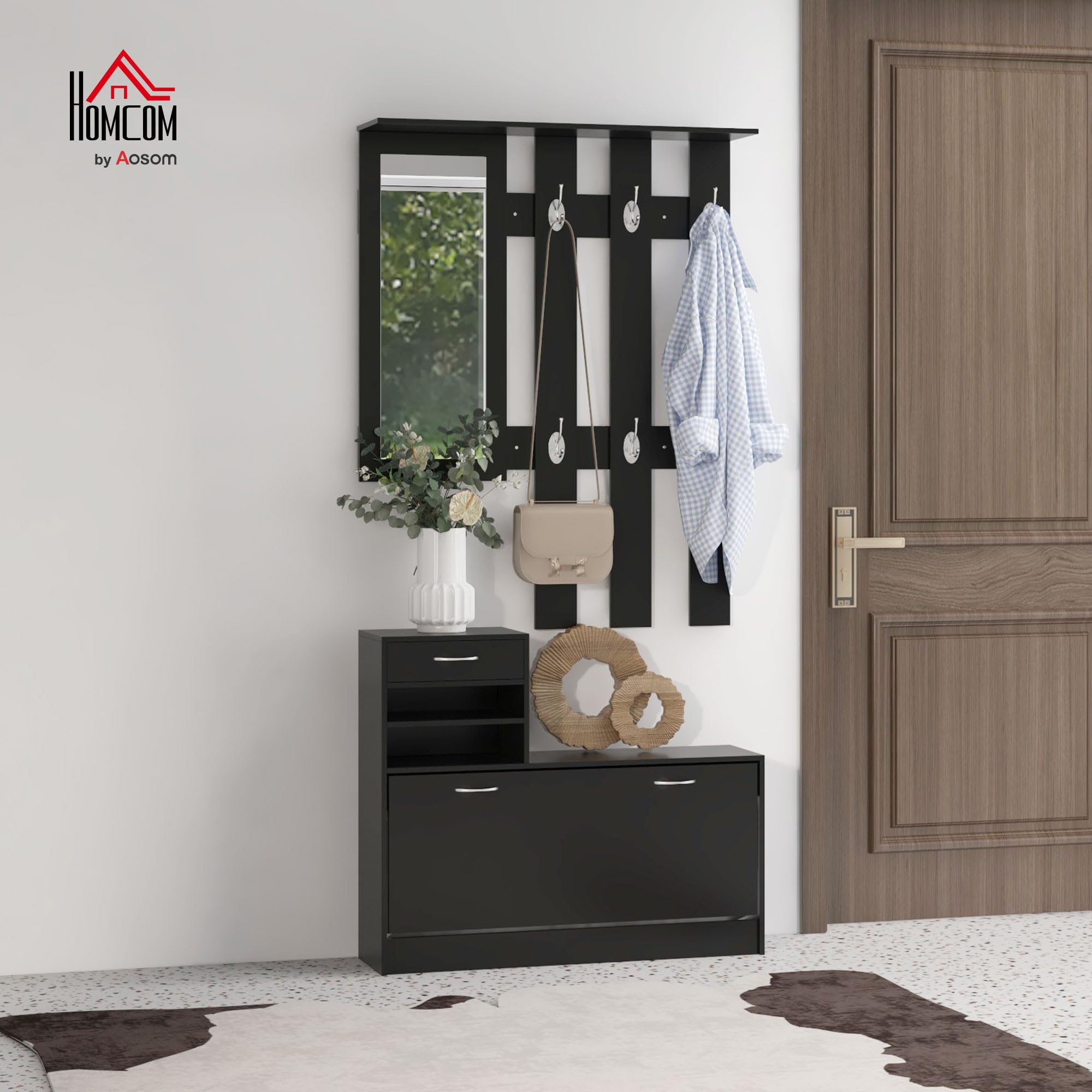 HOMCOM Ensembles 3 en 1 de Meuble d'Entrée Vestiaire Noir | Panneau Porte-Manteau, Miroir, Banc à Chaussures, 6 Crochets, Étagère Réglable