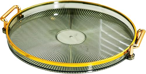 Bandeja redonda para servir con asas doradas y borde dorado, bandeja decorativa de plástico para sala de estar, baño, cocina, decoración de bandeja
