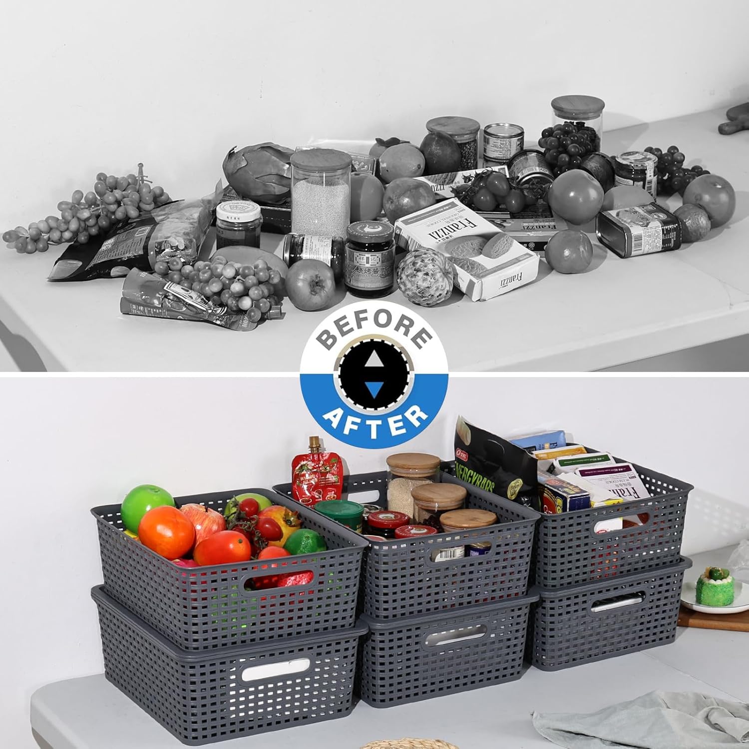 6 Pack Plastic Basket with Lid, Grey Stackable Baskets for Organizing, 14" X 11.7" X 5.35"