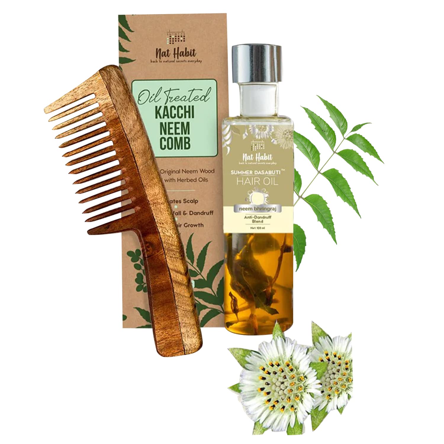 Nat Habit Wide Tooth Wooden Kacchi Neem Comb & Neem Bhringraj Dasabuti Hair Oil for Dry and Frizzy Hair, with Castor, Coconut & Amla - Combo Pack of 2