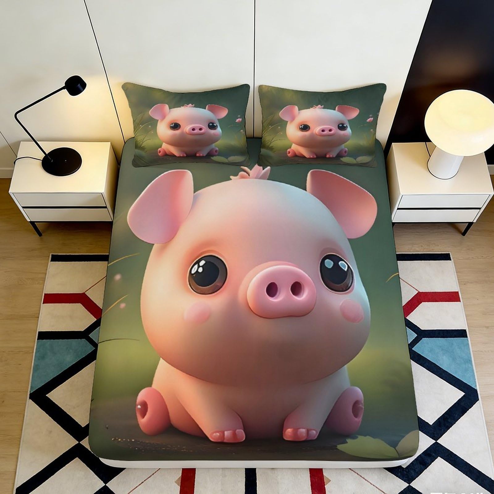 3D Printed Cute Piglet Fitted Sheet Microfiber Soft Breathable Cartoon Animal Bed Sheet for Bedroom Dormitory Guest Room Mattress Protection Decor 140x200x25cm
