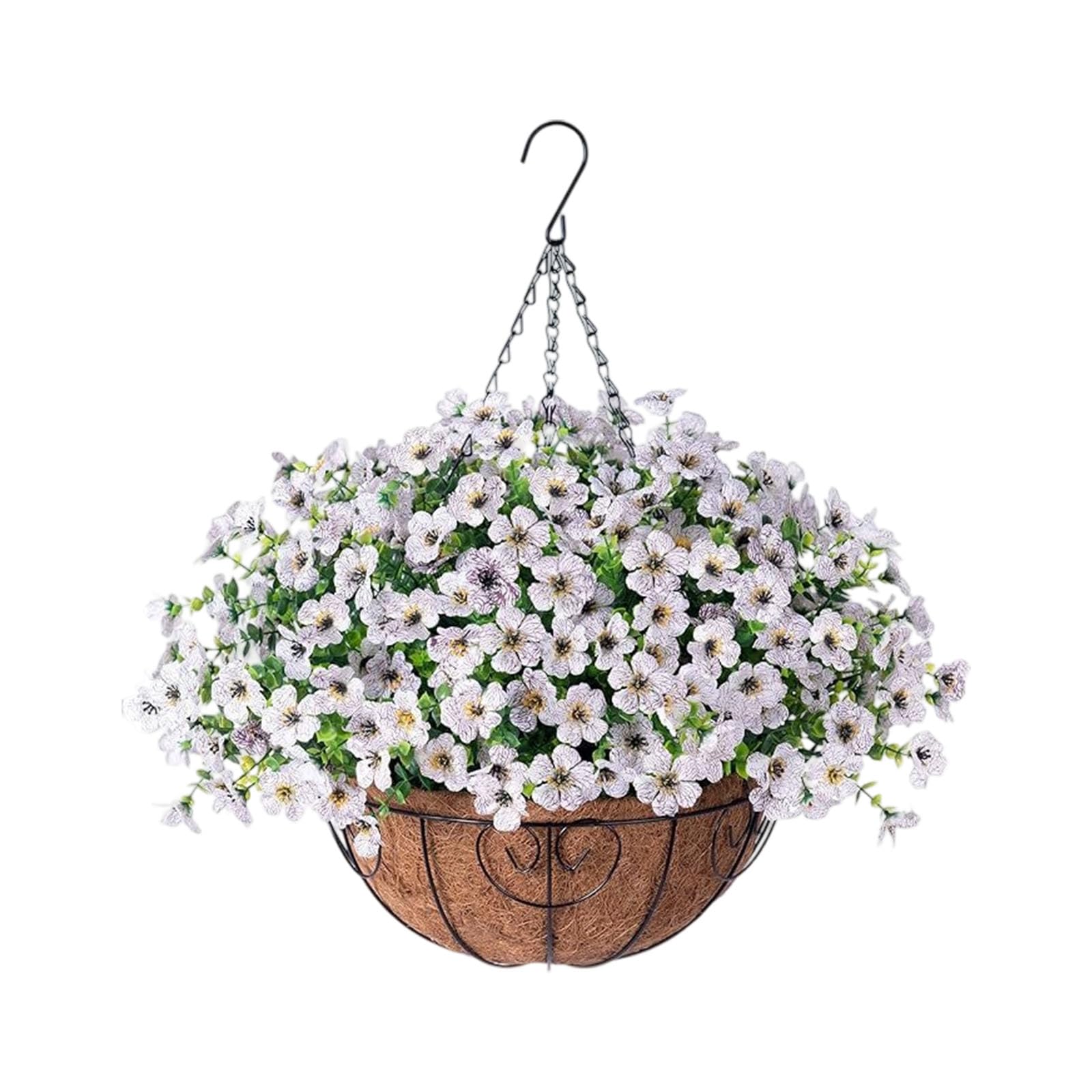 Pansies artificielles violettes en pot coco pour fleurir un extérieur sans entretien