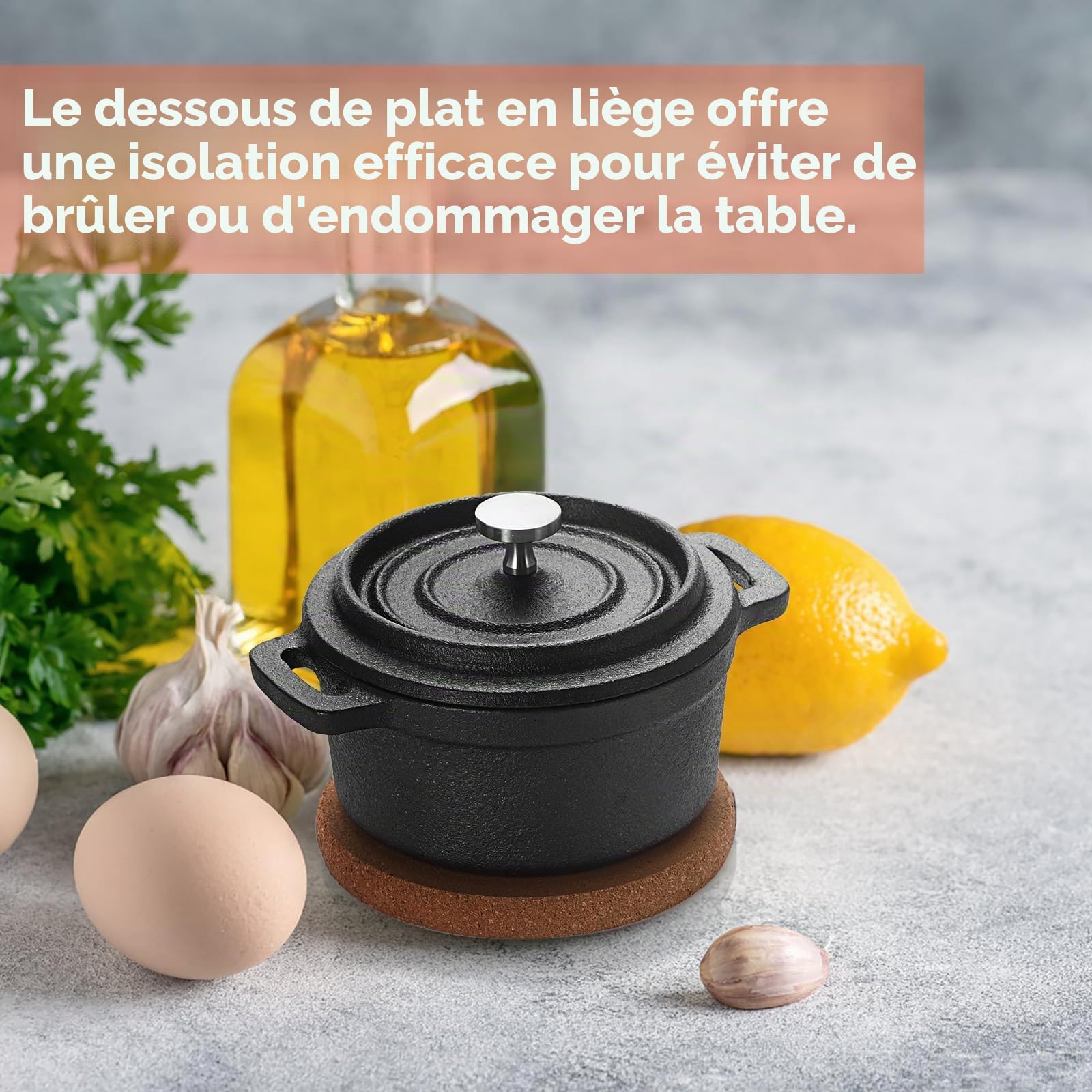 SUMNACON Lot de 3 mini cocottes rondes en fonte de 236,8 g avec couvercle et tapis en liège pour fête de famille, pique-nique