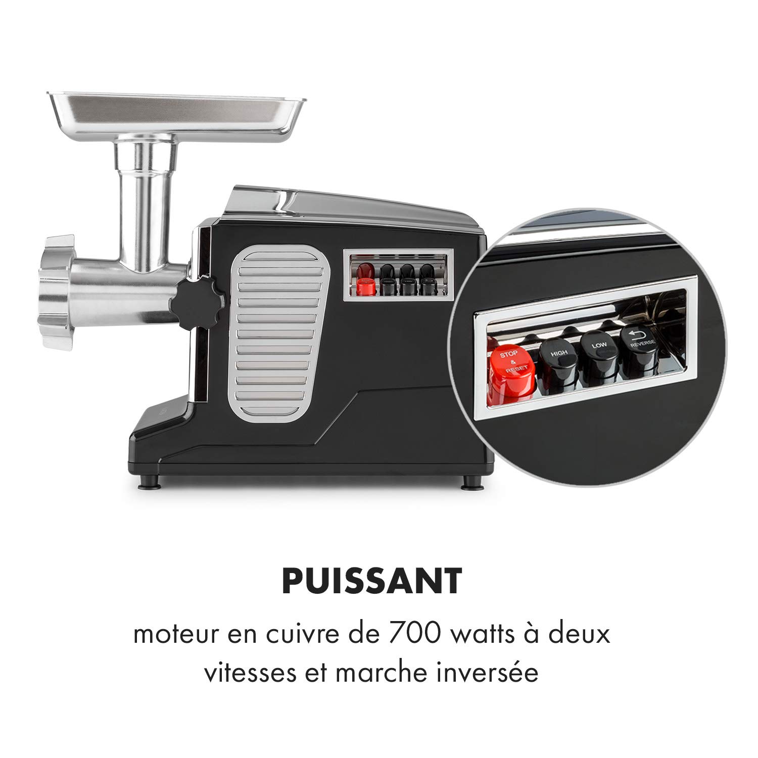 Klarstein Kraftprotz - Hachoir à viande électrique, 700 watts, 2 vitesses, Marche arrière, Couteau en inox, Grand bol en aluminium, 3 disques perforés, Nettoyage facile, Poussoir en plastique - Noir