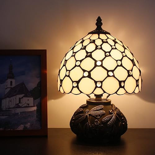 Miniatura 3 de Pequeña lámpara Tiffany Mini lámpara de mesa de vidrieras crema perlas perlas estilo hongo escritorio luz memoria lámpara de condolencias 8 x 11