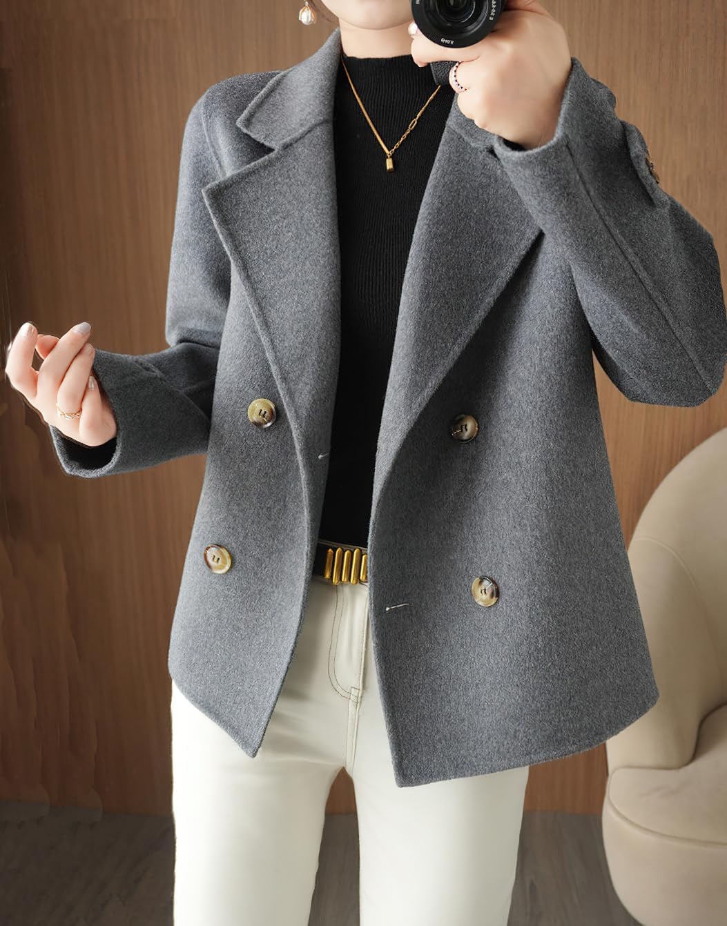 Ru Sweet Women's Double Breasted Woolen Pea Coat Fall Winter Casual Business Dressy Blazer Overcoat